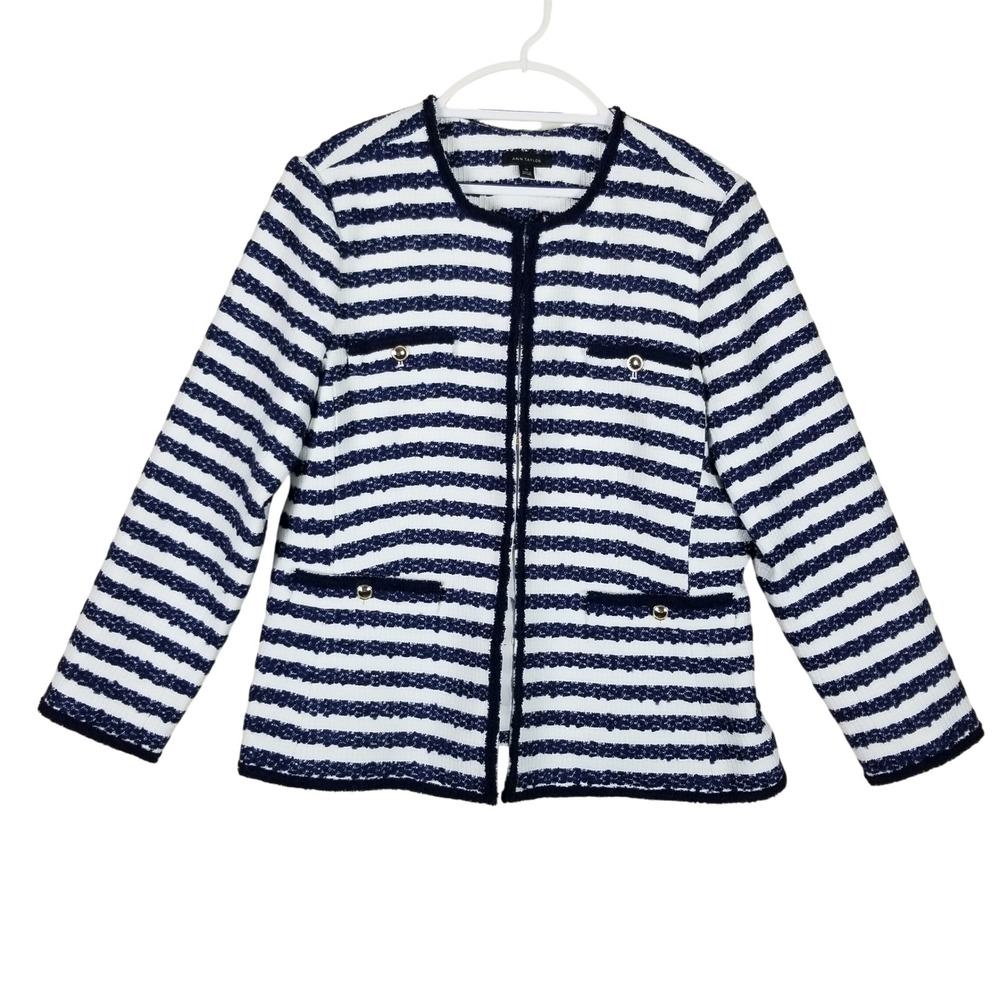 Ann Taylor Tweed Jacket Womens 18 Navy White Striped Gold Button Open Front
